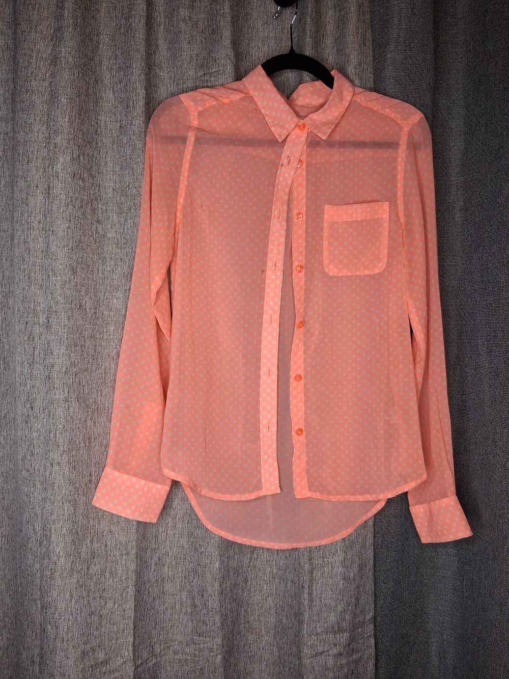American Eagle Outfitters Coral Sheer Polka Dot Button-Up Blouse